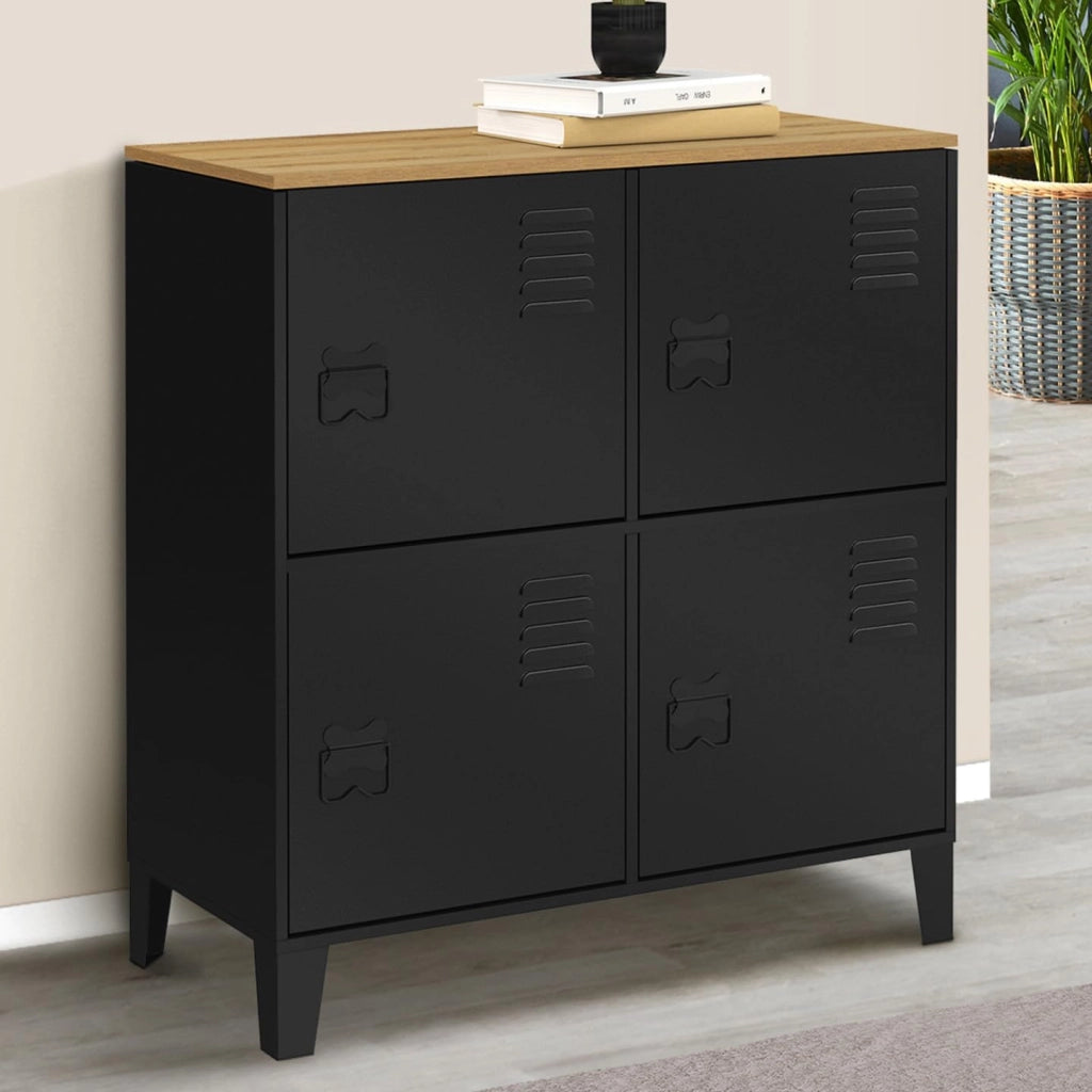 ESTER Credenza a 4 ante in metallo nero con piano in legno dal design industriale, altezza 70 cm
