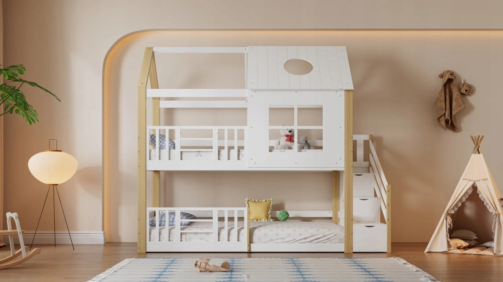 Letto a castello - Xylo - 90x200cm - Bianco+Natural - Pino+MDF