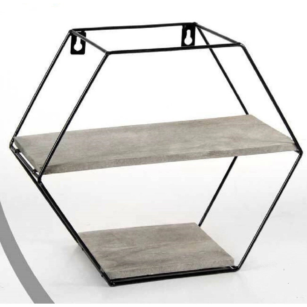 Trade Shop - Bacheca Porta Oggetti Metallo Esagonale Parete 2 Mensole Legno 29x11x25cm 751981 -