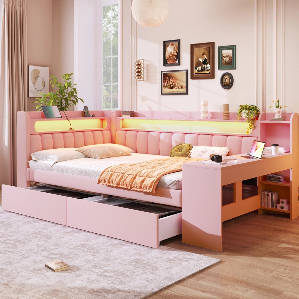 Letto daybed imbottito 140x200 cm rosa con LED, USB e scrivania