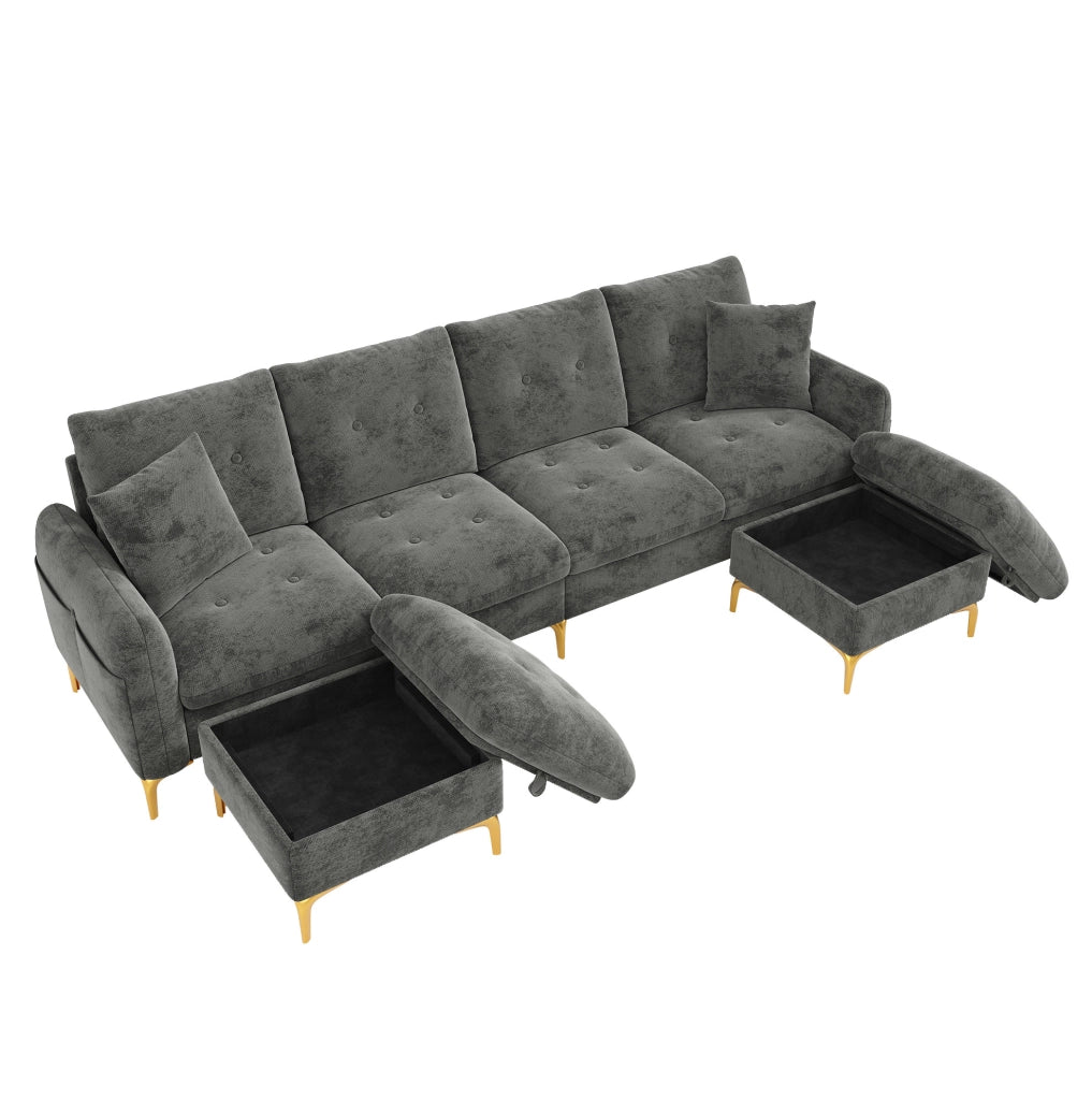 Divano modulare angolare 4 posti con 2 pouf contenitori e 2 cuscini decorativi, 263×137×85 cm, grigio