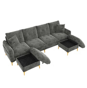 Divano modulare angolare 4 posti con 2 pouf contenitori e 2 cuscini decorativi, 263×137×85 cm, grigio