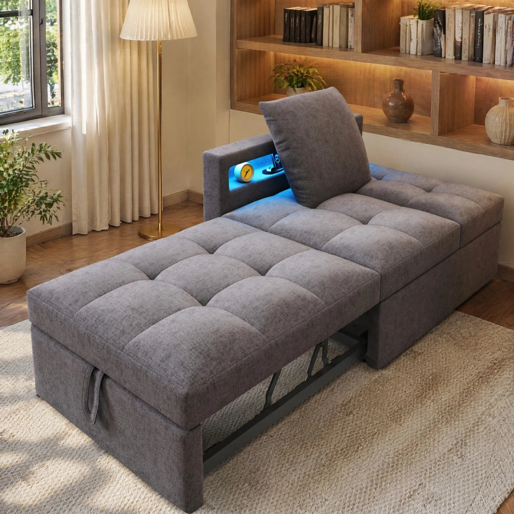 DIVANO LETTO 3 in 1 177x68x65 cm Tessuto di lino Grigio scuro USB/Type-C