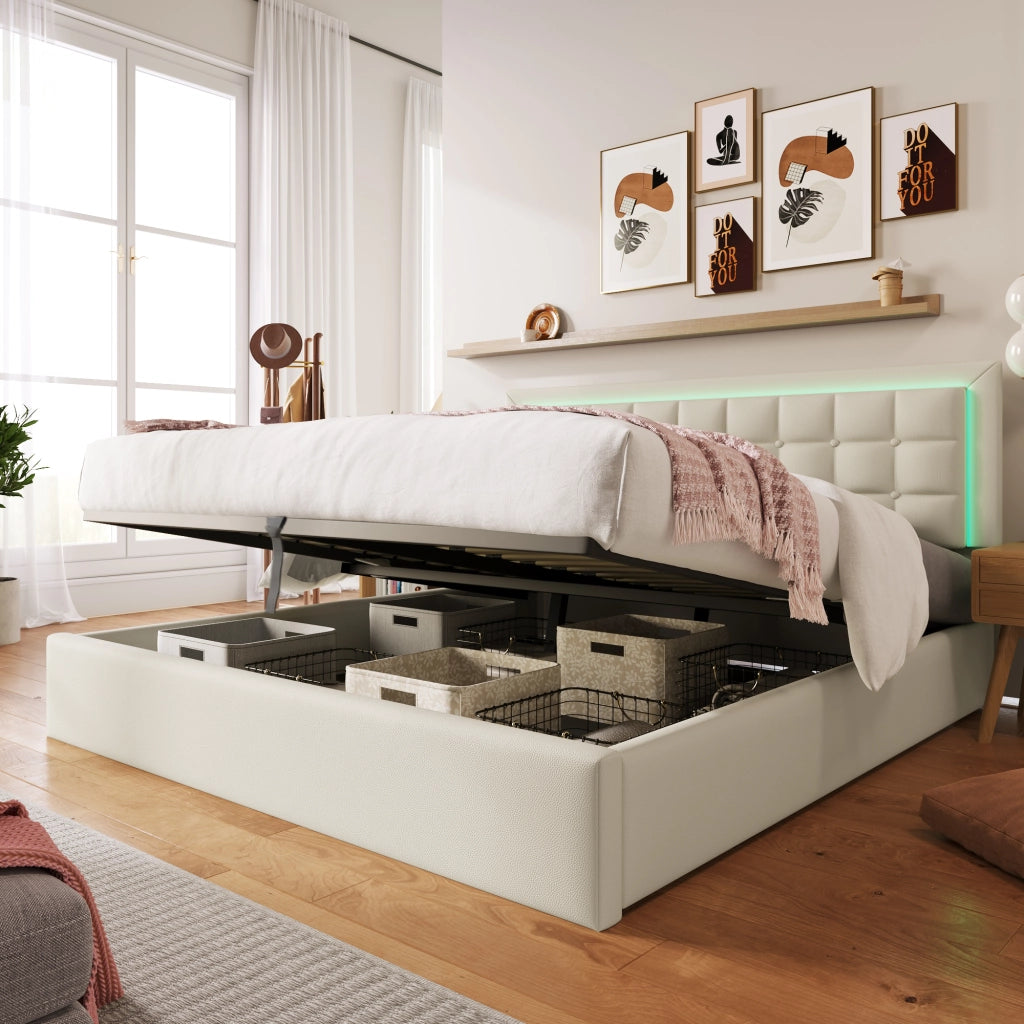 Letti contenitori 140x200 cm; LED e vano portaoggetti; PU bianco (Senza materasso)