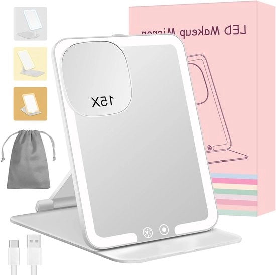 Specchio da trucco portatile con ingrandimento 15x, illuminato e con regolazione di altezza, touchscreen regolabile e illuminazione a tre colori