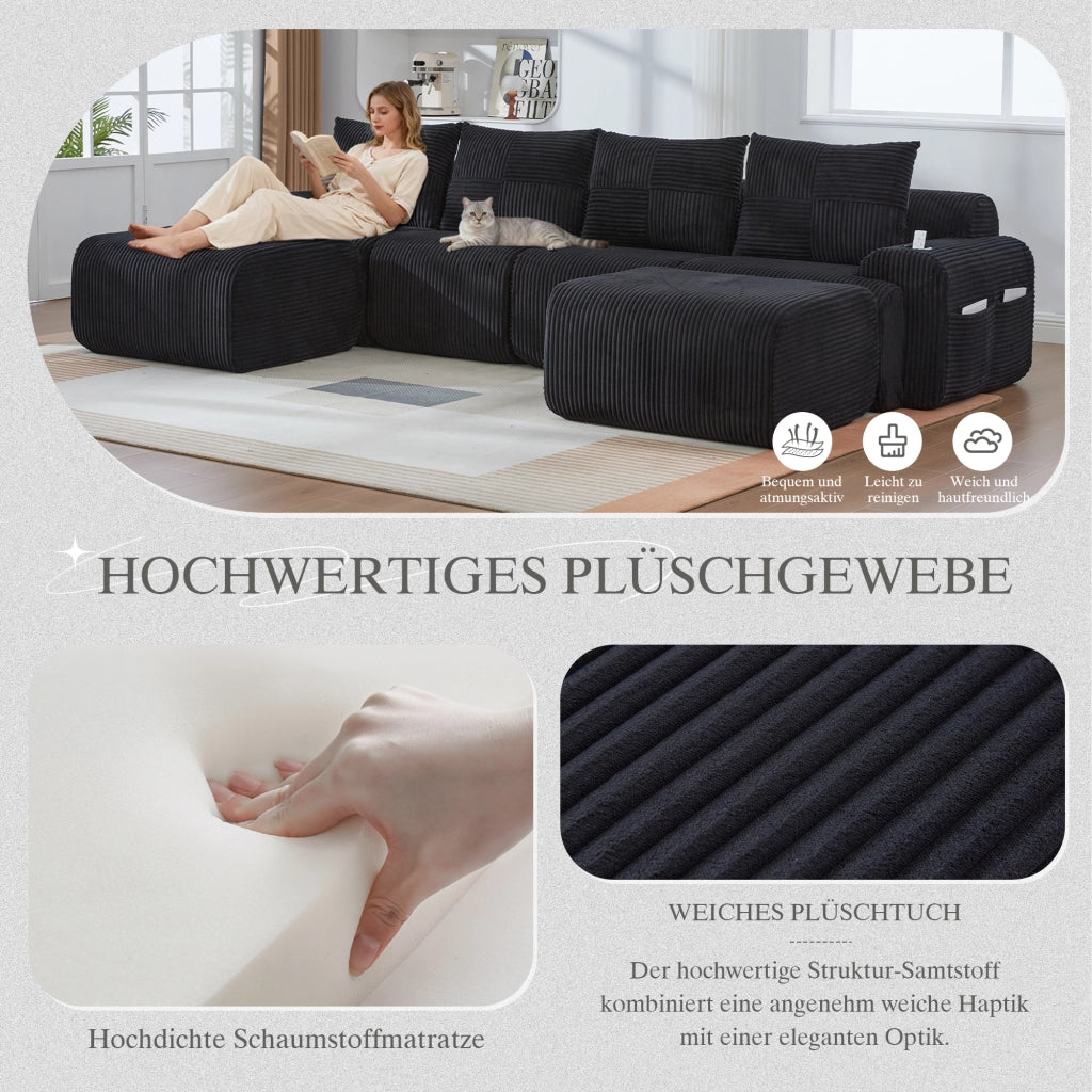 Divano modulare 4 posti con portabicchieri e tasca laterale in tessuto corduroy per soggiorno nero 333 × 174 × 80 cm