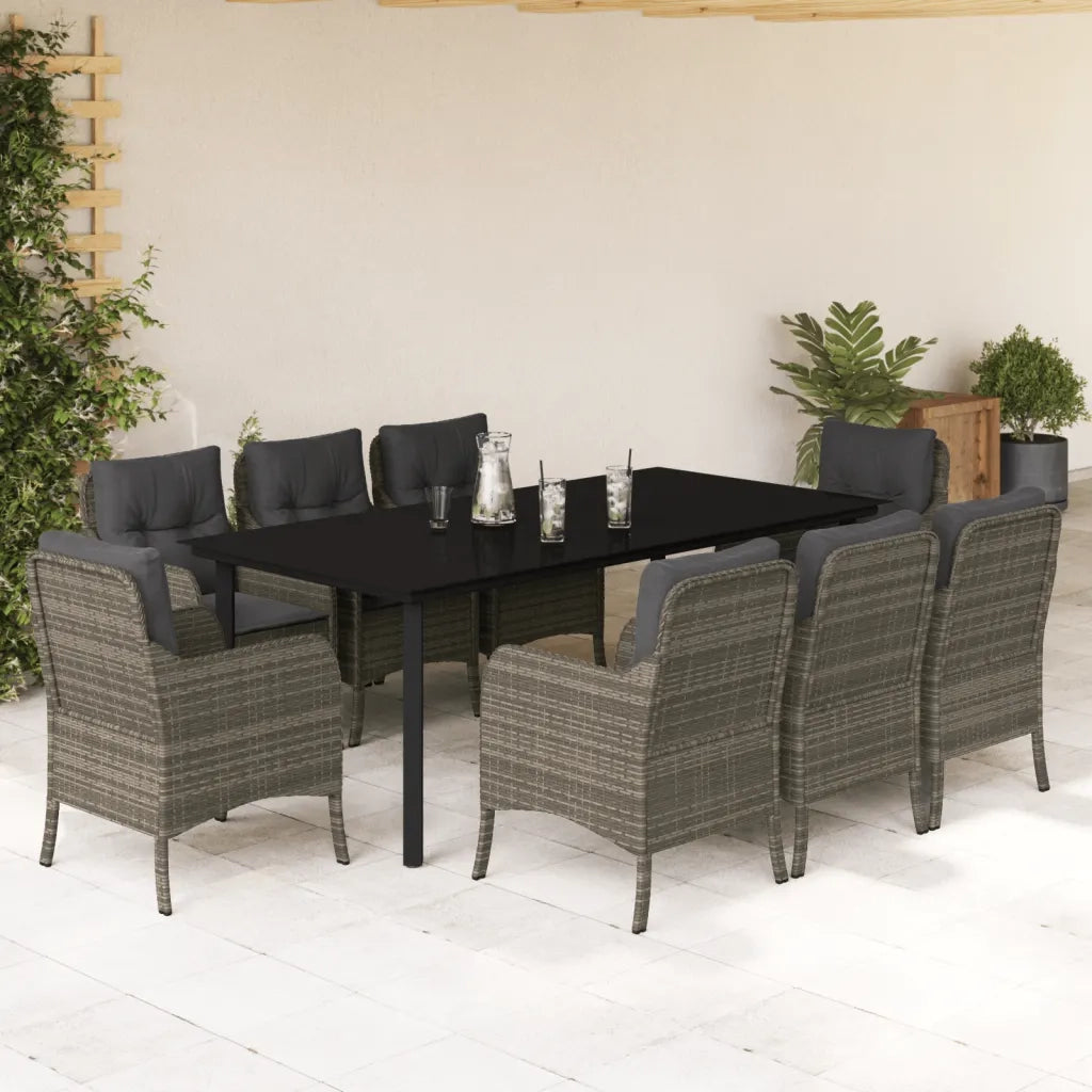 Set da Pranzo da Giardino 9 pz con Cuscini in Polyrattan Grigio