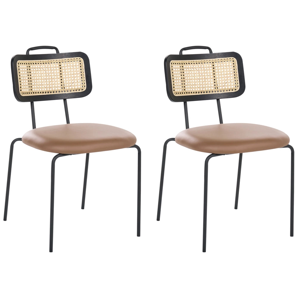 Set di 2 sedie da pranzo con seduta in ecopelle marrone, schienale in rattan PE, gambe in ferro, senza braccioli, cappucci protettivi, design boho moderno