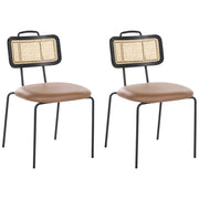 Set di 2 sedie da pranzo con seduta in ecopelle marrone, schienale in rattan PE, gambe in ferro, senza braccioli, cappucci protettivi, design boho moderno