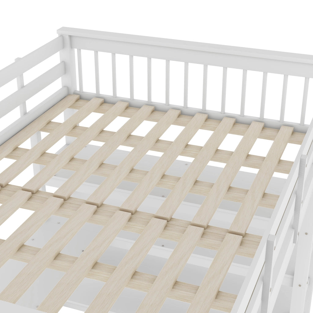 Letto a Soppalco per Bambini 140×200 cm; 2 Posti con Scrivania e Scaffali; senza Materasso; Bianco