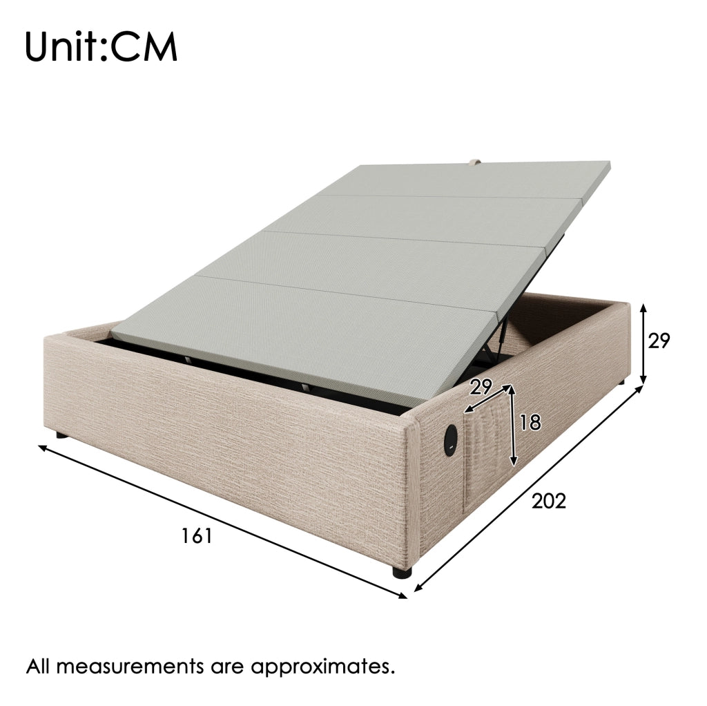 Letto contenitore per materasso 160x200 cm con USB e Type-C; lino beige e naturale; senza testiera