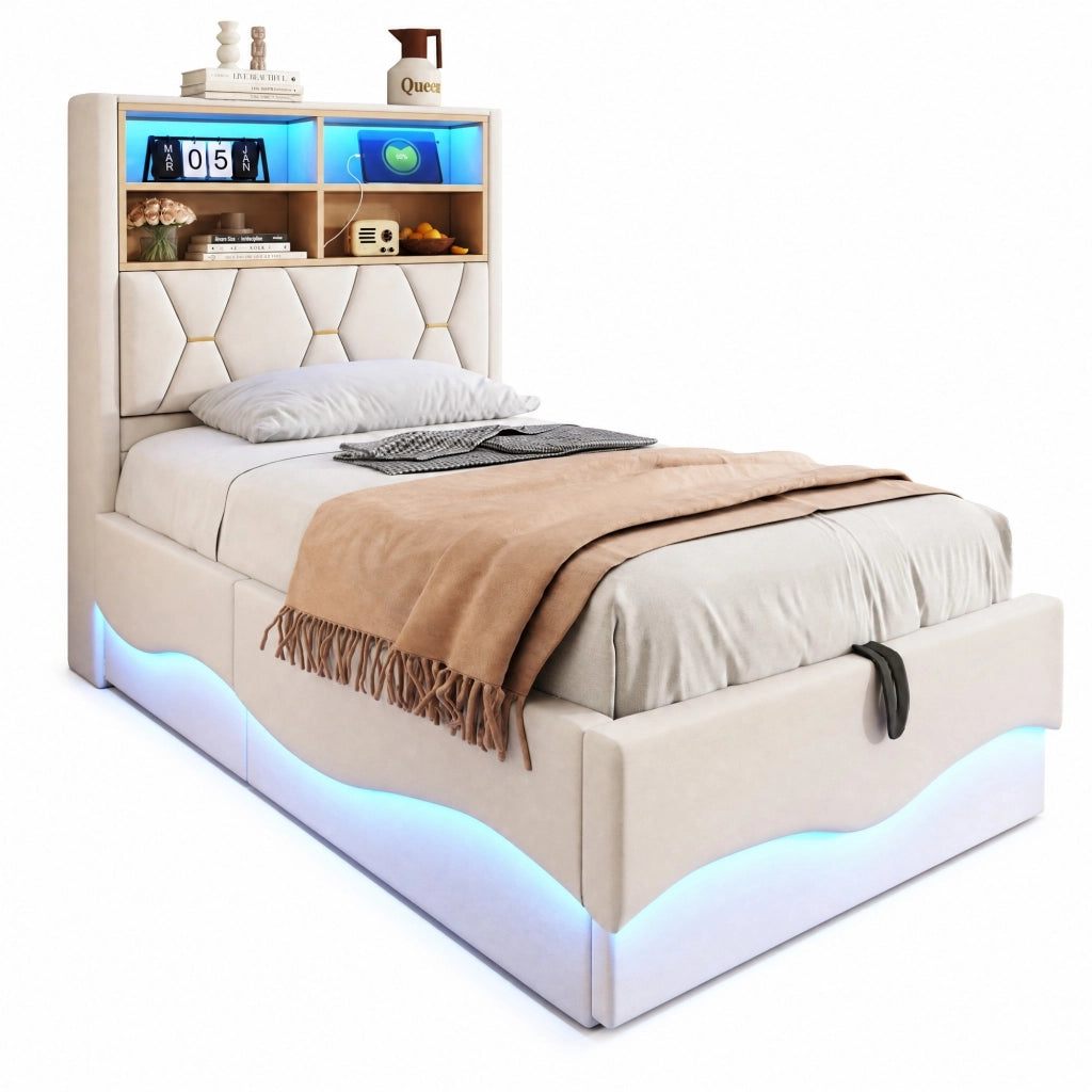 Letto per bambini 90x200 cm con contenitore idraulico, LED APP, USB, beige