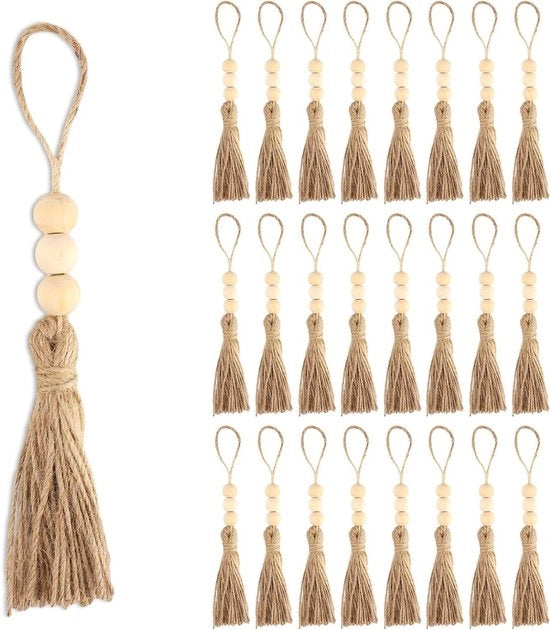 Decorazioni per albero di Natale boho con spilli di juta e cravatte di legno e filo di seta