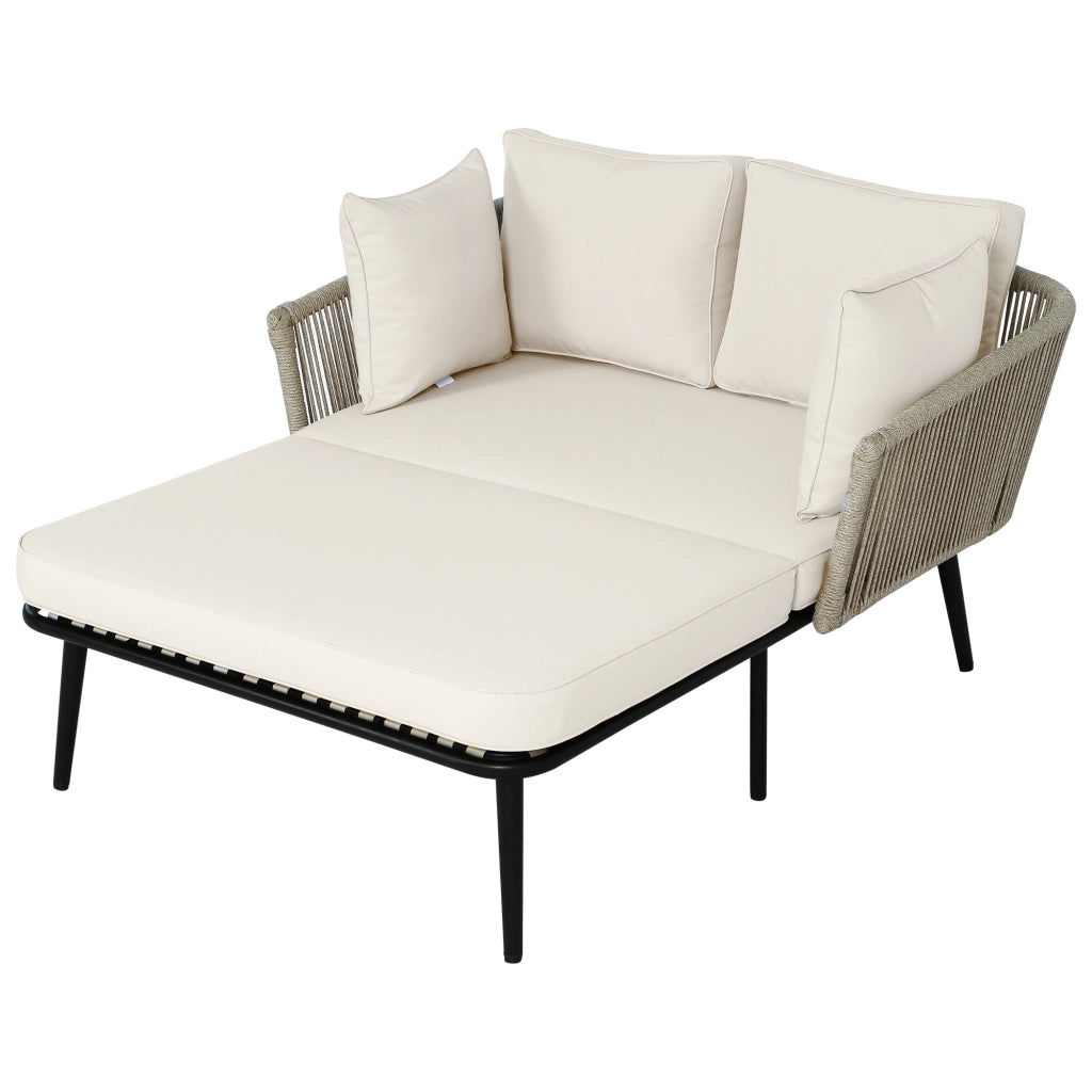 Chaise longue da giardino con cuscino spesso e braccioli intrecciati in corda, acciaio zincato, khaki sfoderabile