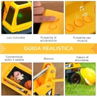 Ruspa Giocattolo 2 in 1 con Escavatore e Mordente, Vano Nascosto, Gioco Cavalcabile Bambini 2-3 Anni, 90x28x58cm, Giallo