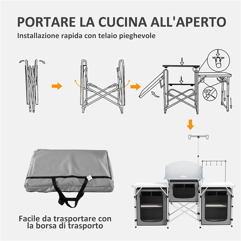 CUCINA DA CAMPEGGIO PIEGHEVOLE A 3 PIANI CON 5 RIPIANI INTERNI E 4 GANCI 172X48X119 CM GRIGIO E ARGENTO