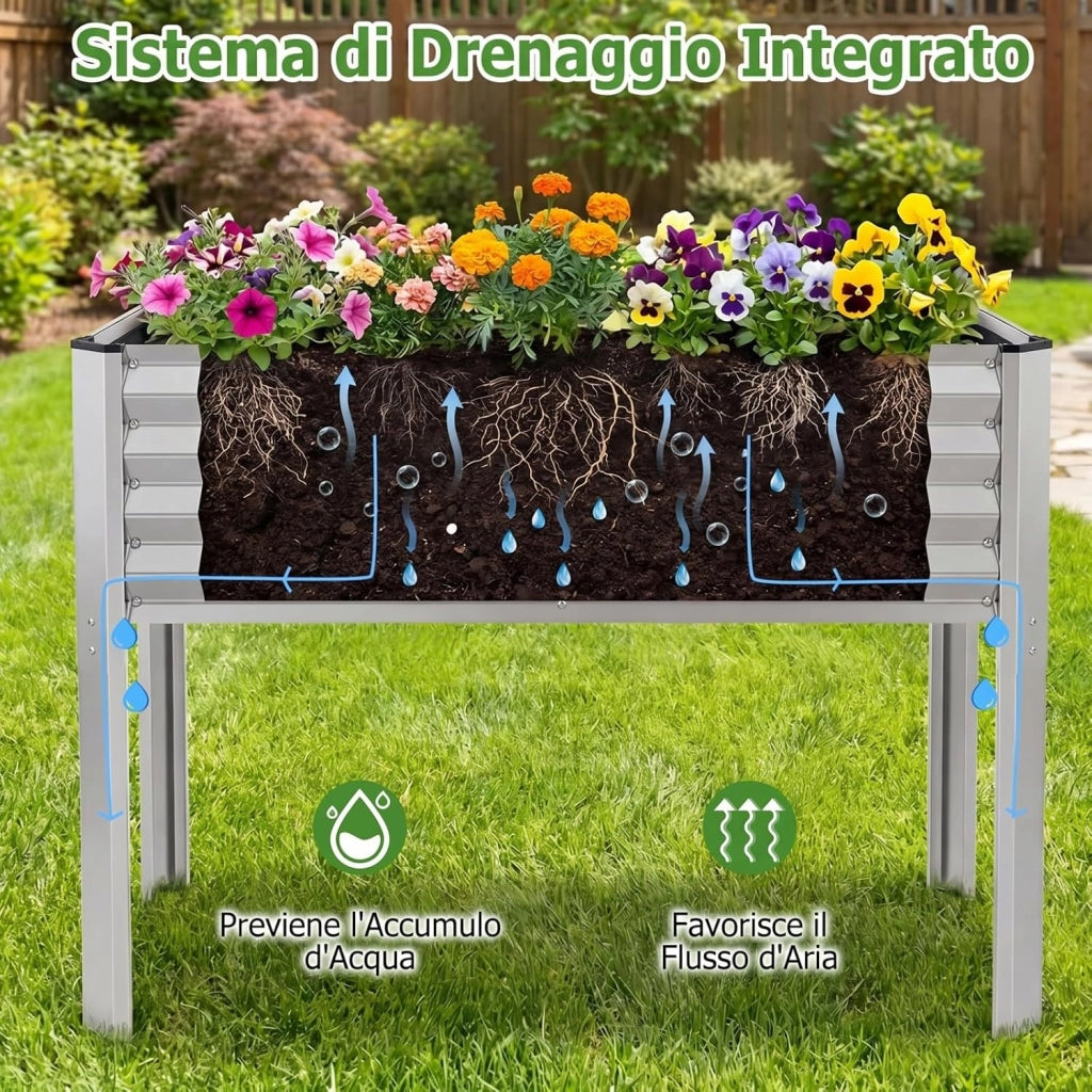 Fioriera Rialzata da Esterno, Orto Rialzato da Giardino in Metallo con Fori di Drenaggio, Altezza Ergonomica e Guanti, Letto Elevato da Giardino Rettangolare per Piante e Fiori, (Argento)