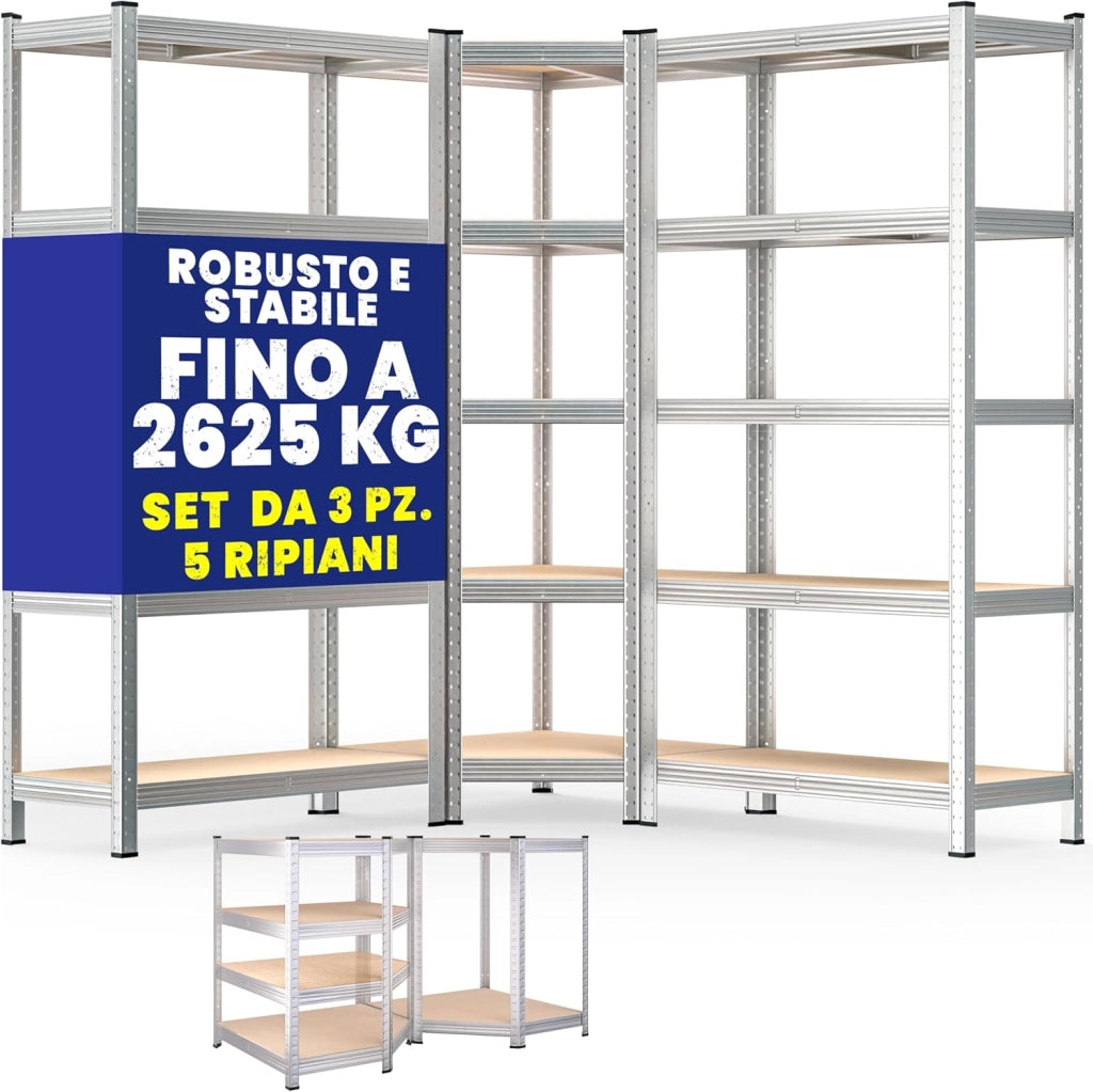 ® Scaffale Angolare Metallo 2625kg 15 Ripiani MDF Scaffalatura Metallica Scaffale Alta Portata Angolo Scaffali