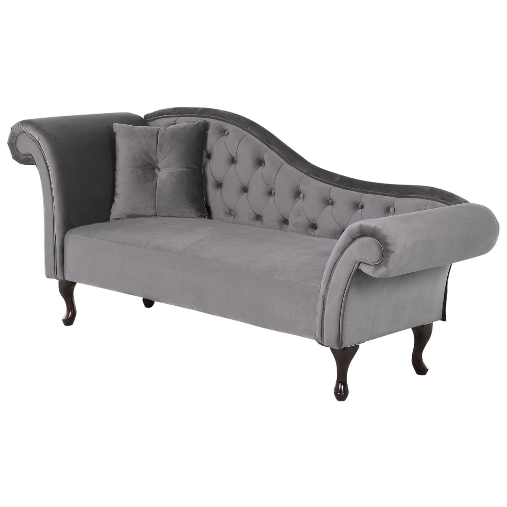 Chaise longue in velluto grigio Bottone capitonné con braccioli arrotolati a versione sinistra con cuscino