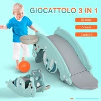 3-in-1 Cavallo a Dondolo Scivolo per Bambini e Canestro, Età 18-36 mesi, per Casa e Giardino, Verde