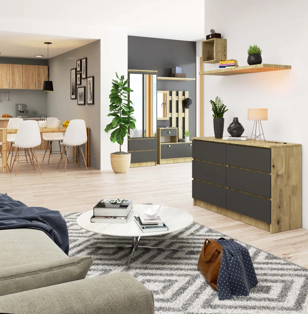 Cassettiera AKORD K120 Quercia Artisan 120 cm 6 cassetti inserto frontale Grigio Grafite 120x40x77 cm