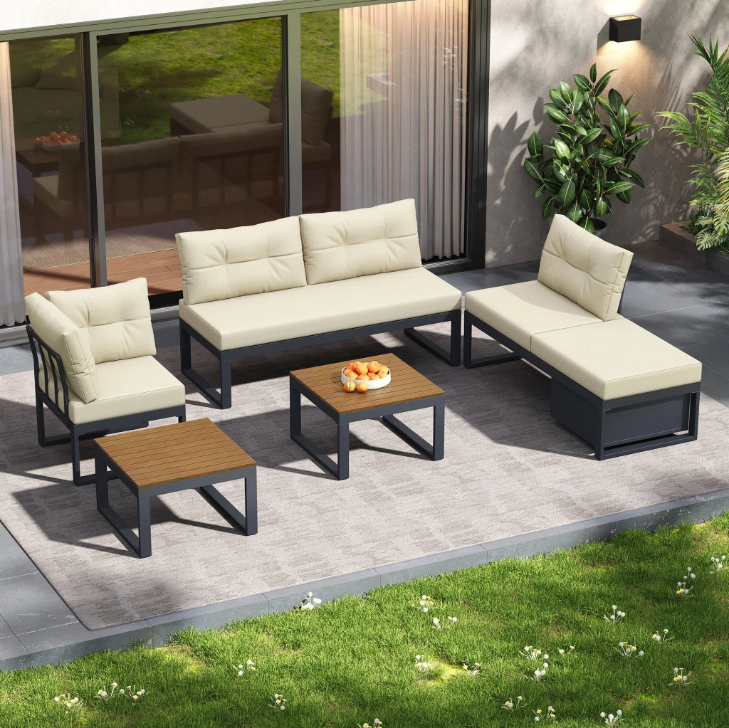 Set divano da giardino modulare beige con contenitore e schienale reclinabile
