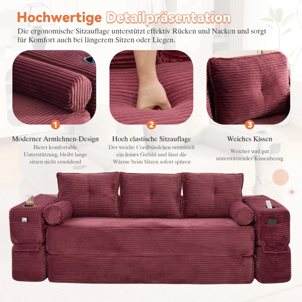 Divano convertibile con tasche laterali, portabicchieri e cuscini memory in corduroy rosso vino 232 × 98 × 80 cm
