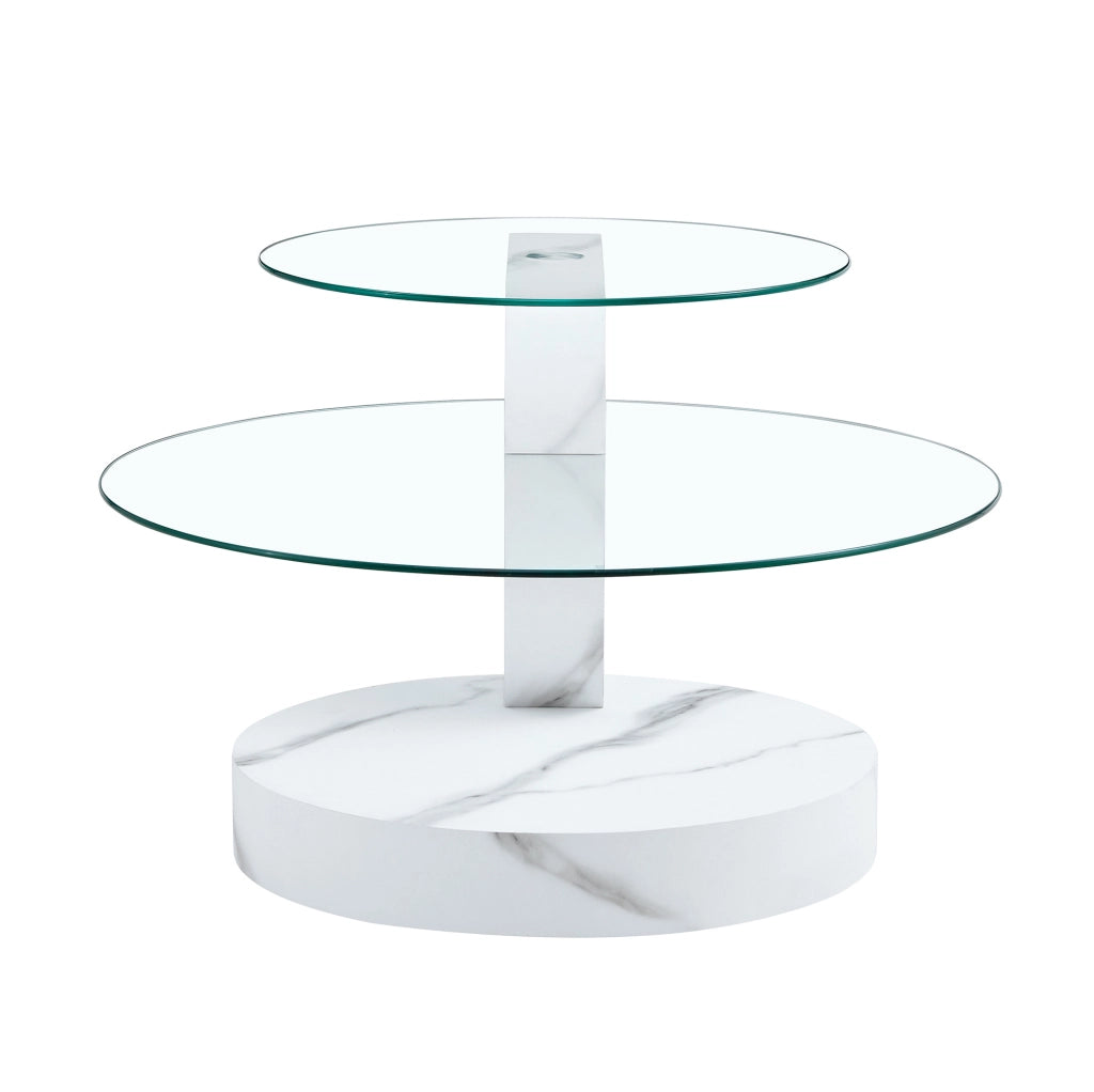 Tavolino da caffè a livelli in MDF e vetro di sicurezza; effetto marmo bianco