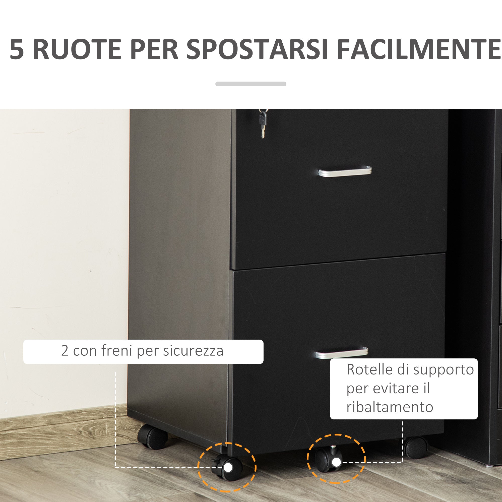 Easycomfort Armadietto da Ufficio con 2 Cassetti e 5 Ruote, Schedario in MDF e Truciolato, 43x45x72 cm, Nero