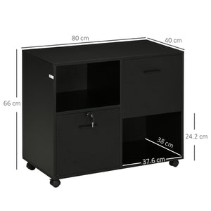 Easycomfort Mobile da Ufficio con 2 Cassetti Porta Documenti e Ripiani, Ruote con Blocco, 80x40x66cm, Nero