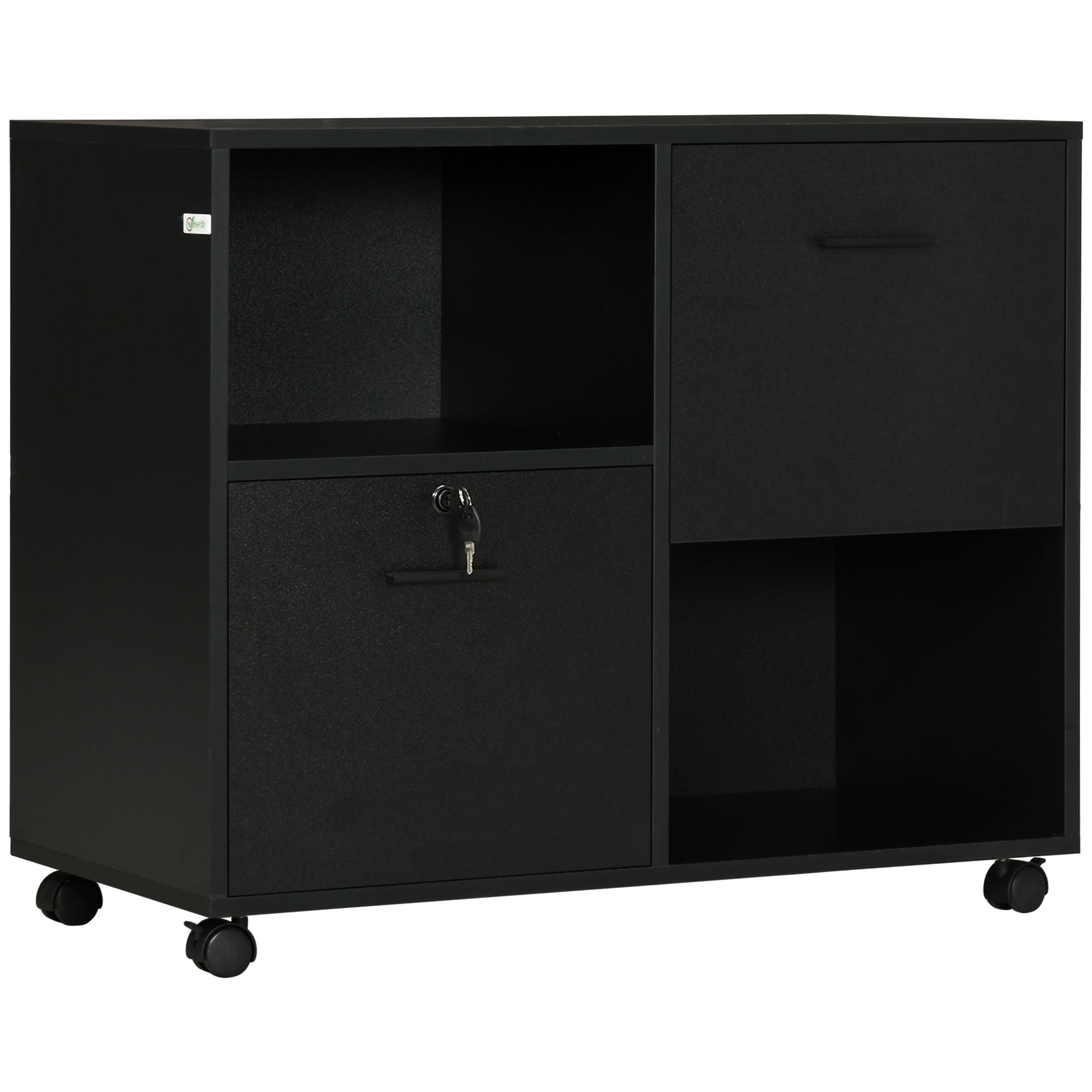 Easycomfort Mobile da Ufficio con 2 Cassetti Porta Documenti e Ripiani, Ruote con Blocco, 80x40x66cm, Nero