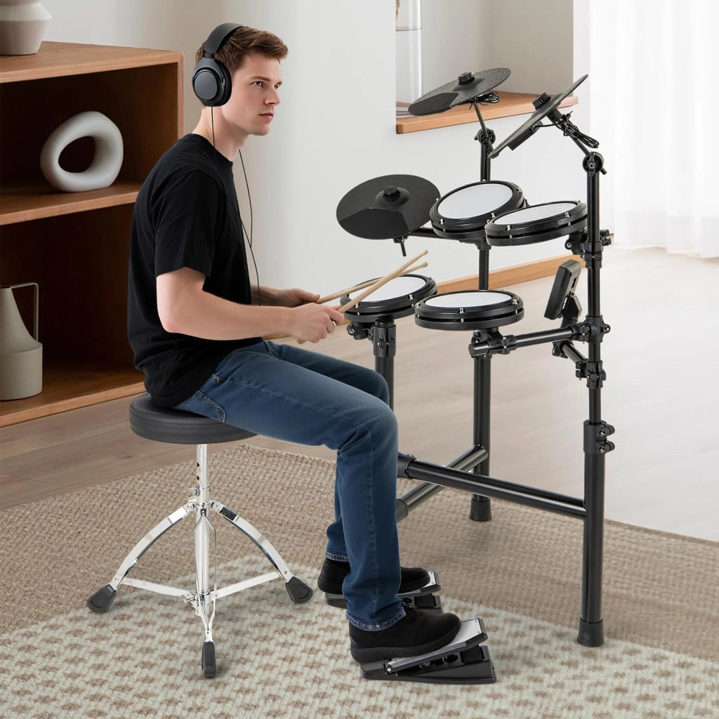 Batteria elettronica con pad, batteria musicale con 150 suoni, 10 dimostrazioni, piatti da 24 cm, strumento musicale con sgabello regolabile, pedali, bacchette e auricolari, USB MIDI