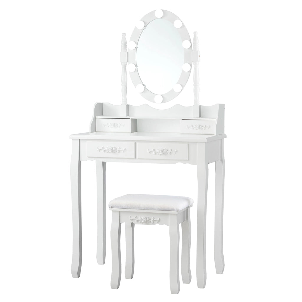 Set tavolo toeletta con 10 luci LED e specchio ovale, Tavolo da trucco con 4 cassetti e sgabello imbottito Bianco-Tavoli da trucco