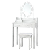 Set tavolo toeletta con 10 luci LED e specchio ovale, Tavolo da trucco con 4 cassetti e sgabello imbottito Bianco-Tavoli da trucco