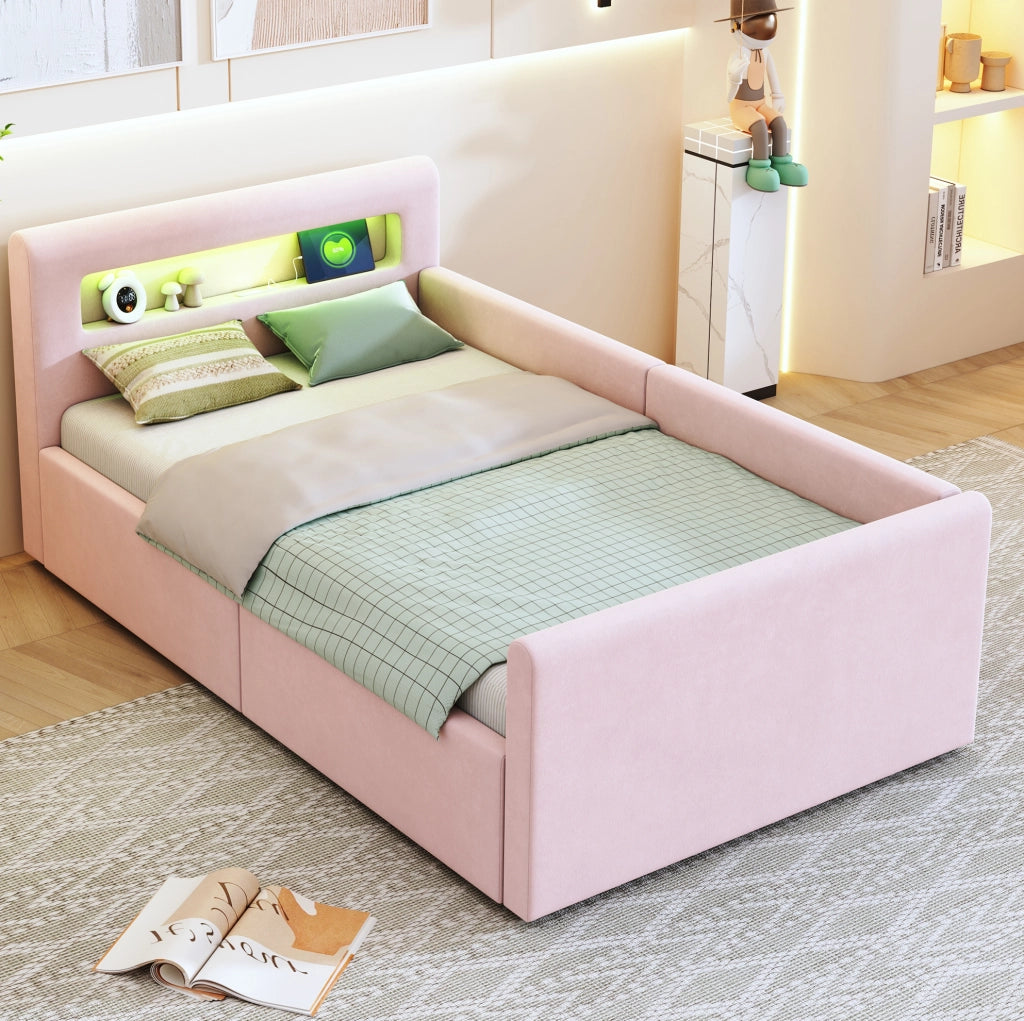 Letto imbottito 90x200 cm con LED; luce notturna; USB e contenitore in velluto rosa