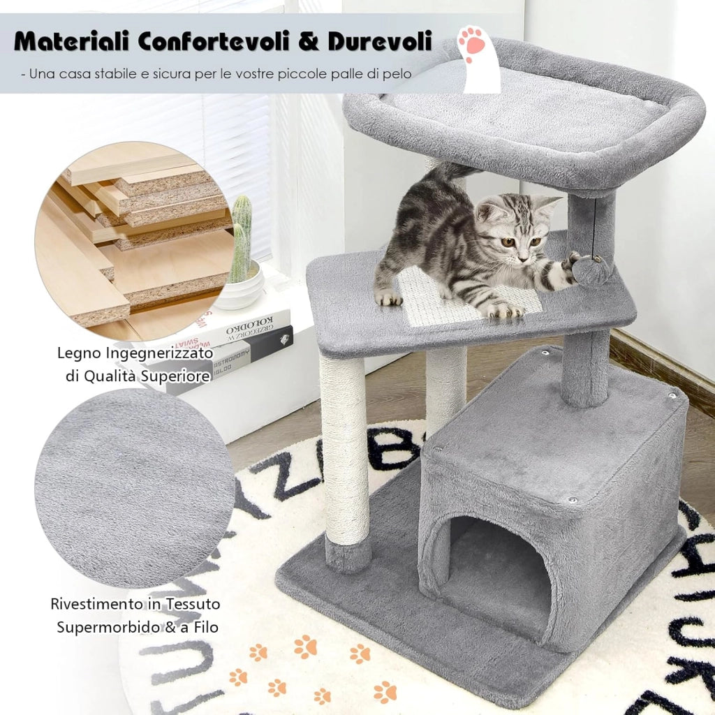 Albero per Gatti a 4 Piani, Torre per Gatti con Tiragraffi, Nicchia, Pallina di Peluche con Sonagli, Piattaforma per Saltare, Albero Tiragraffi Gattini (Grigio)