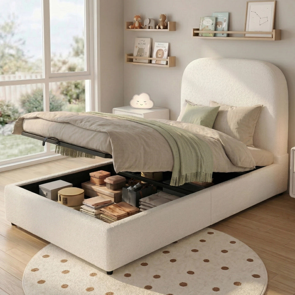 Letto contenitore singolo 90x200 cm per bambini; con contenitore idraulico; rete a doghe; testiera capitonné; bouclé; beige