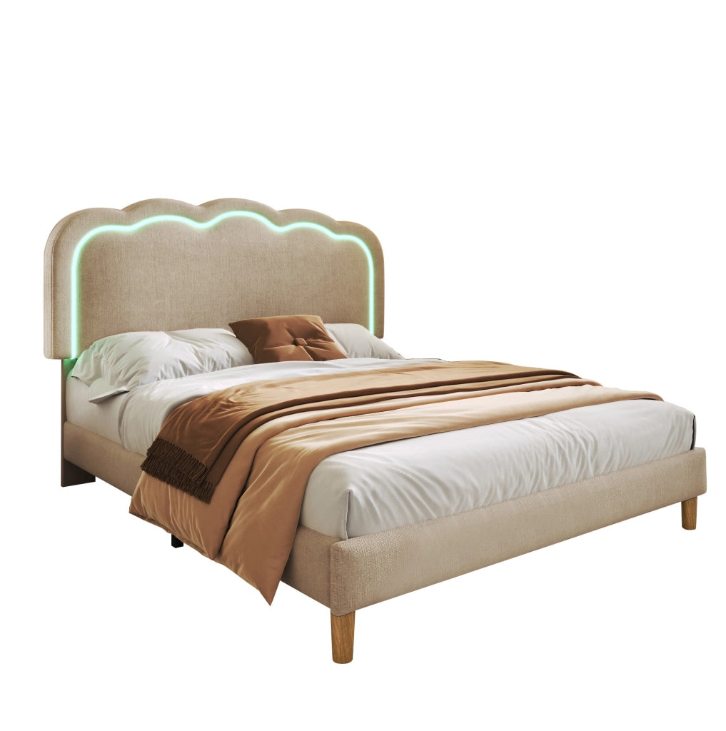 Letto imbottito LED 140x200 cm beige con testiera regolabile e rete