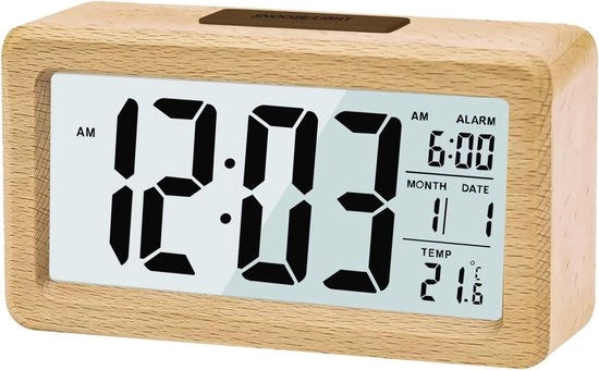 Alarme Digitale in Legno con Display LCD a Grande Schermo Retroilluminato - Temperatura - Funzione del Sonno - Sensore di Brillanza - 3 Batterie AAA Richieste (Batterie NON Inclusive)