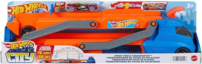 Hot Wheels - Trasportatore con Pista Super Velocita, camion che diventa pista con lanciatore, puo contenere fino a 9 aut