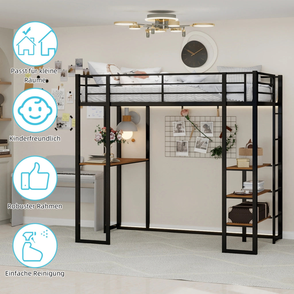 Letto a soppalco singolo 90 × 190 cm con scrivania, scala su 2 lati e barriera, senza materasso, nero