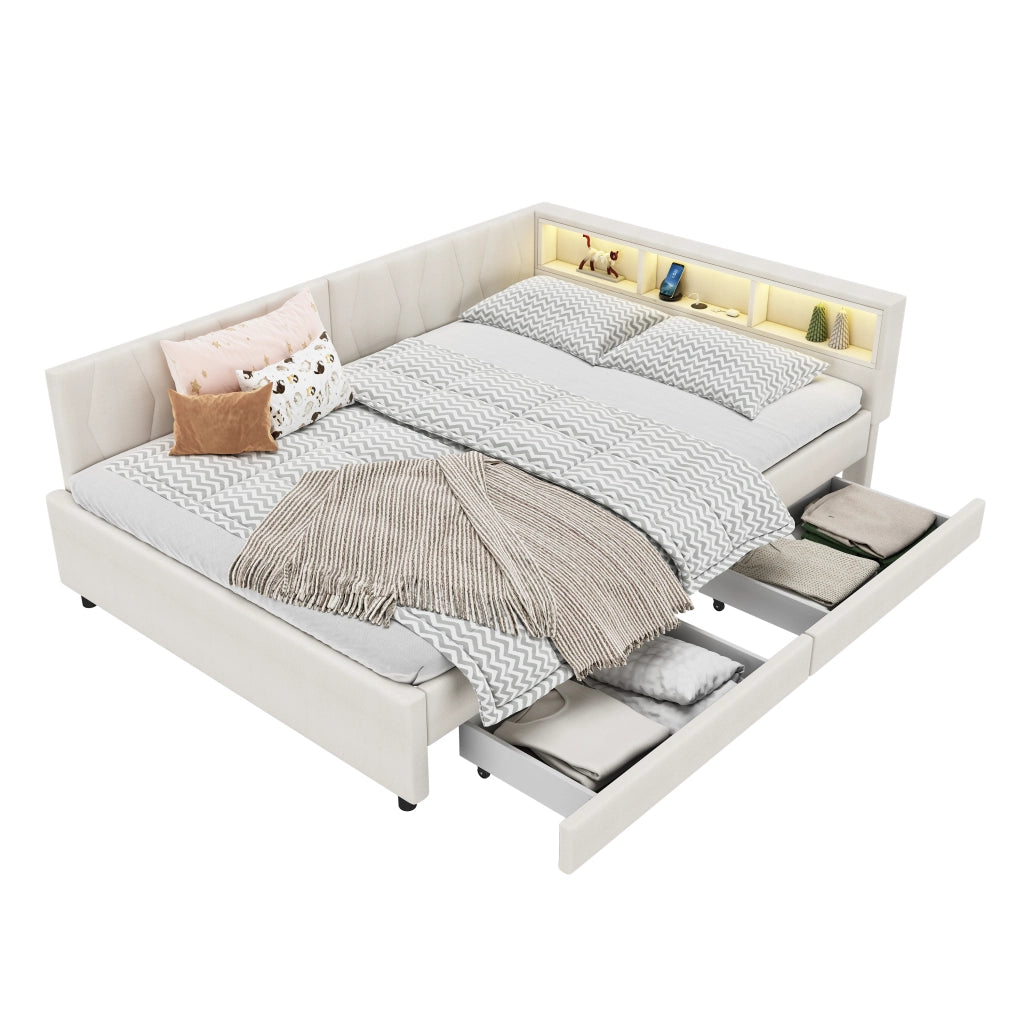Letto a Divanetto 140x200 cm; USB e Type-C; Luce LED; con Cassetti; in Lino; Beige