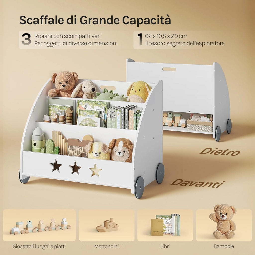 Libreria per bambini in legno, scaffale per giocattoli a 3 livelli, organizza libri con ruote cameretta, bianco
