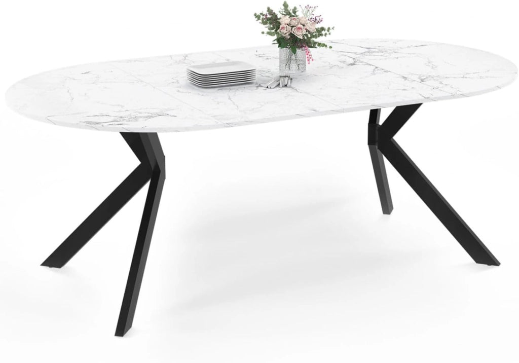 ALIX tavolo da pranzo rotondo allungabile 4-10 persone gamba a ragno nera piano effetto marmo bianco ALASKA 110-200 cm