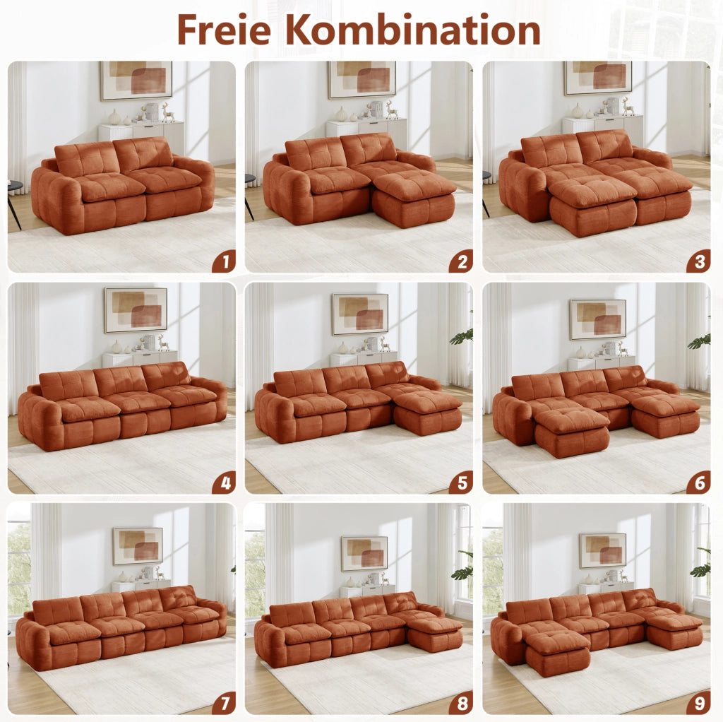 Divano modulare in ciniglia arancione; 334 x 160 x 68 cm