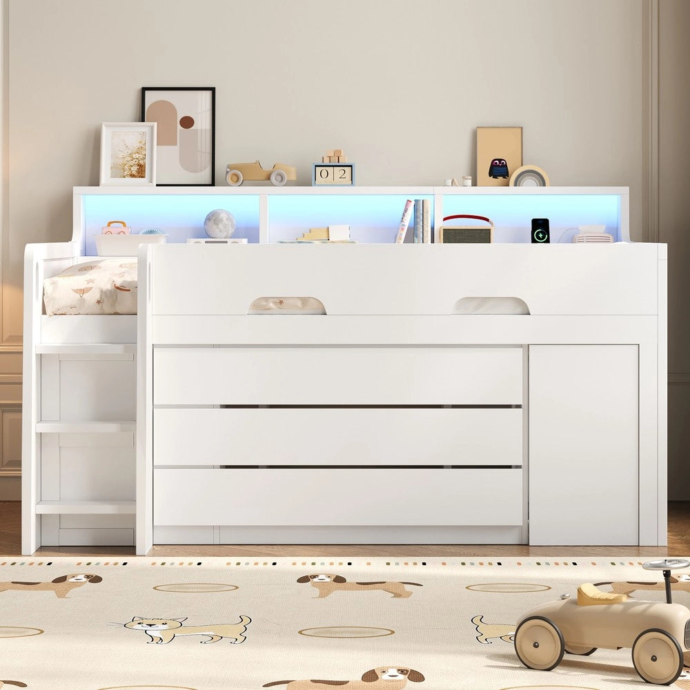 Letto a Soppalco Basso con Cassetti, Scrivania, LED e USB ¨C MINIMAL ¨C Bianco 90x200