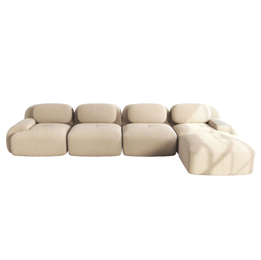 Divano angolare modulare in corduroy beige; design senza telaio con chaise longue e base antiscivolo
