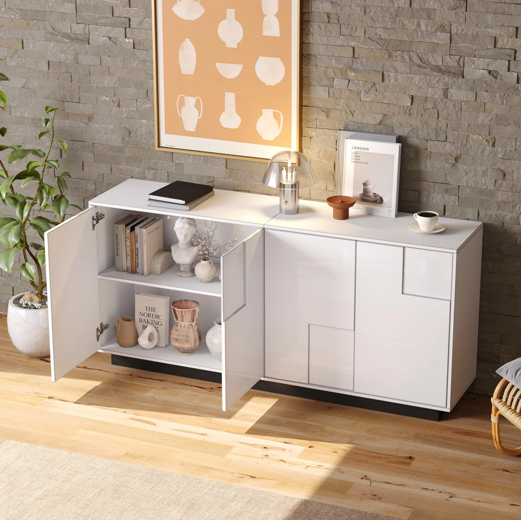 Credenza ULEVR 160x37x75,5 cm con 4 ante push-to-open e 2 ripiani, bianco lucido e nero