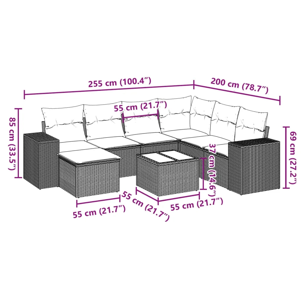 Set Divano da Giardino 8 pz con Cuscini Beige in Polyrattan