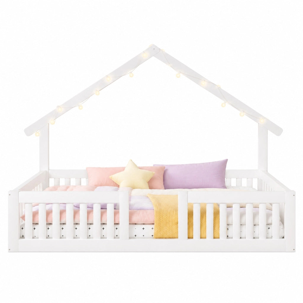 Letto a casetta per bambini con barriera di sicurezza e luci LED; 90 x 200 cm; bianco
